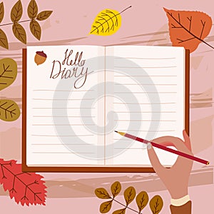 Open Daily Diary notepad, hand of a girl with a pencil, list schedule, goals, to do, acorn, autumn leaves. Personal