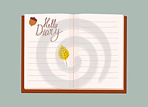 Open Daily Diary notepad, list schedule, goals, to do, acorn, autumn yellow leaf. Personal planning and organisation