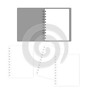 Open disc bound refillable notebook with filler paper sheets, mockup