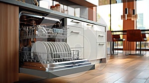 Open dishwasher with clean dishes at home kitchen