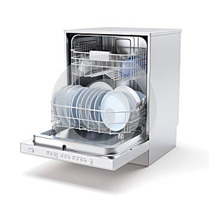 Open dishwasher with dishes isolated on white created with Generative AI. Filled dishwasher.