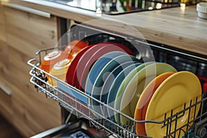 Open dishwasher filled with vibrant plates in a modern kitchen, showcasing cleanliness and organization.