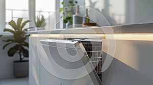 Open Dishwasher in a Sunlit Modern Kitchen. Generative ai