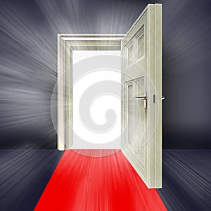 Open door abstract white flare red carpet