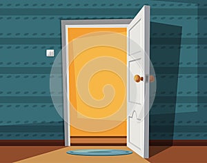 Open door. Cartoon vector illustration. Inside of home
