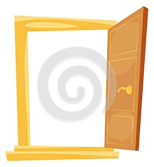 Open door. Cartoon wooden frame doorway icon