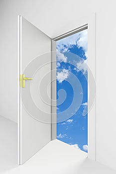 Open door with cloudy blue sky behind it