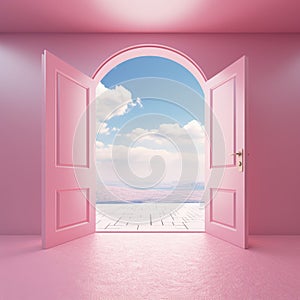Open door concept for future success. Minimal home pink background.