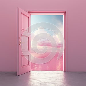Open door concept for future success. Minimal home pink background.