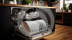 Open door of dishwasher of full of plates and glasses in dark scandi Kitchen interior.