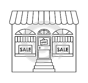 Open door and display sale window black and white vector illustration