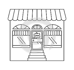 Open door and display window black and white vector illustration