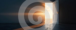 Open door in an empty desert, bright light and shadows, exploration and start-up theme, detailed 3D art photo