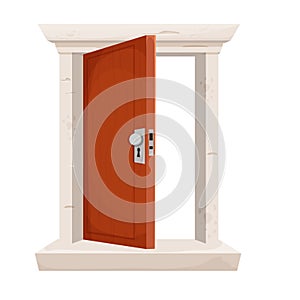 Open door, entrance in cartoon style isolated on white background. Wooden doorway with stone frame. Detailed, textured