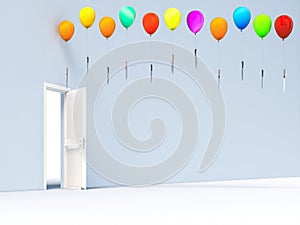 Open door and flying balloons with knives