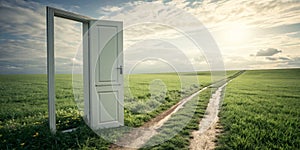 Open door on the green field photo