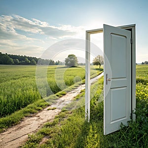 Open door on the green field photo