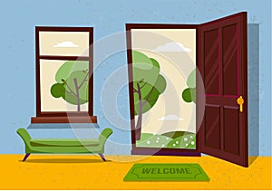Open door into hot summer landscape fair weather view with freen park trees. Door mat and green bench in room. Flat cartoon