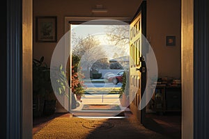 Open door house with car park view, view from inside, door open inside, welcome mat at door AI Generated