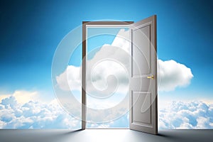 Open door leading to bright blue sky with cloud in the background. Generative AI