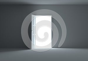 An open door with light streaming into dark room