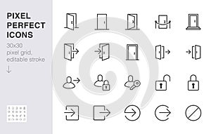 Open door line icon set. Login, logout, register, password, vip entrance, key, lock, exit minimal vector illustrations