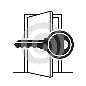 Open door with modern key security vector icon