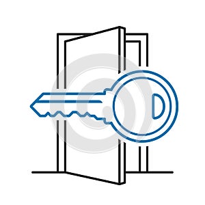 Open door with modern key security vector icon