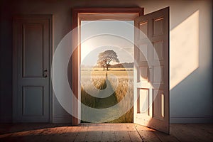 An open door overlooking an endless field. Conceptual image of opening opportunities.