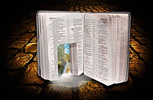 open door path bible book paradise concept spiritual divine god light gospels psalms