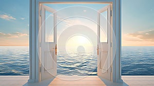 Open door to beautiful serene ocean. Concept of calmness, dreams, relaxation, freedom, adventure, journey, new