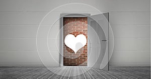 Open door to brick wall and heart shape