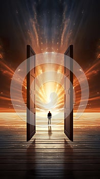 open door to heaven or paradise, new life or changes and opportunity concept, doorway to freedom