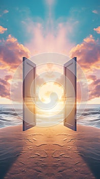 open door to heaven or paradise, new life or changes and opportunity concept, doorway to freedom