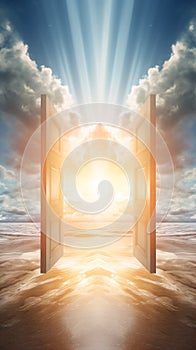 open door to heaven or paradise, new life or changes and opportunity concept, doorway to freedom