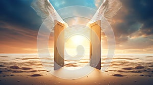 open door to heaven or paradise, new life or changes and opportunity concept, doorway to freedom