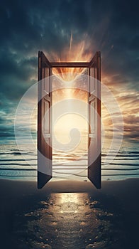 open door to heaven or paradise, new life or changes and opportunity concept, doorway to freedom