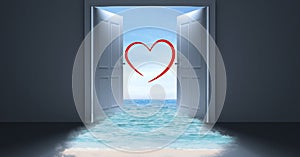 Open door to sea with heart shape