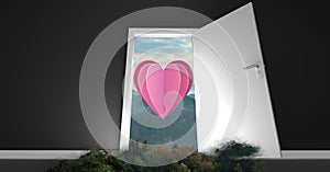 Open door to sea with pink heart shape