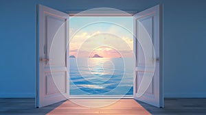 Open door to serene ocean. Concept of calmness, dreams, relaxation, freedom, adventure, journey, new beginnings, the