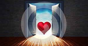 Open door to sky with red heart shape