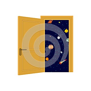 Open door to space. Concept of beginning of study of space and stellar systems. Planets and stars