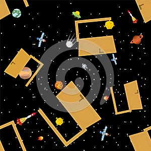 Open door to space pattern seamless. Space and stellar systems background. Planets and stars ornament