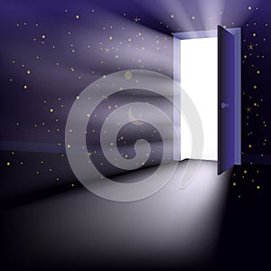 Open Door in universe, abstract mystical light, galaxy stars. Imagination insparation, outer space opening a door to the