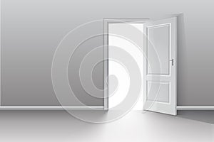 Open door in a white room with the outgoing light. Chromatic image. Vector background.