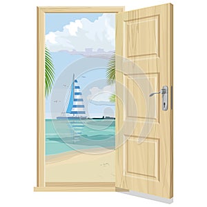 Open doors and beach landscape with a sailboat.