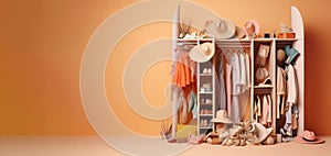 Open doors of large home closet with things on shelves. Pink background. AI generated.