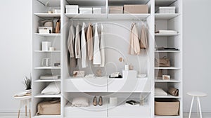 Open doors of large home closet with things on shelves. White cabinet, background. AI generated.