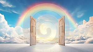 Open doors leading to a rainbow in the sky. Concept of hope, dreams, positivity, new horizons, freedom, the unknown