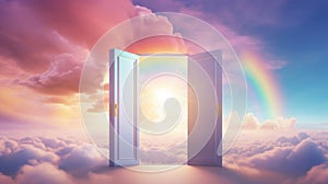 Open doors leading to rainbow in the sky. Concept of hope, dreams, positivity, new horizons, freedom, the unknown